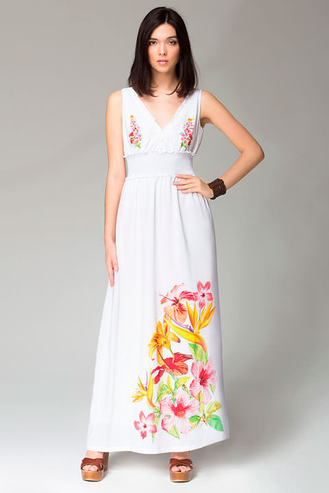 Фото товара 7348, длинное летнее платье с цветочным принтом на подоле
