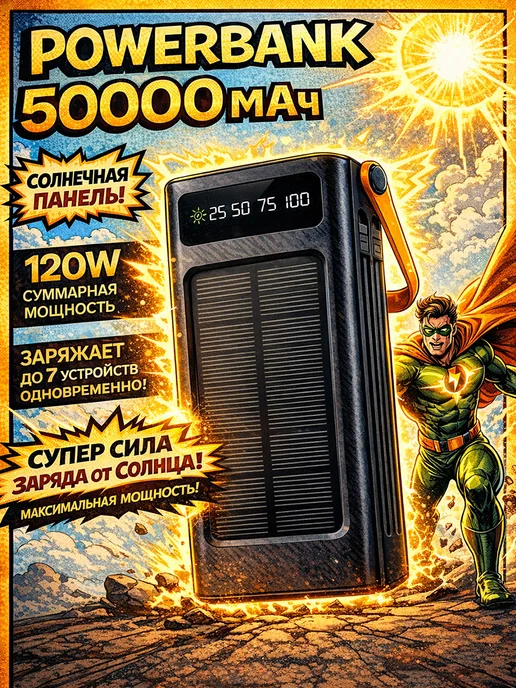 Фото товара 25394, power bank 50000 внешний аккумулятор с солнечной батареей